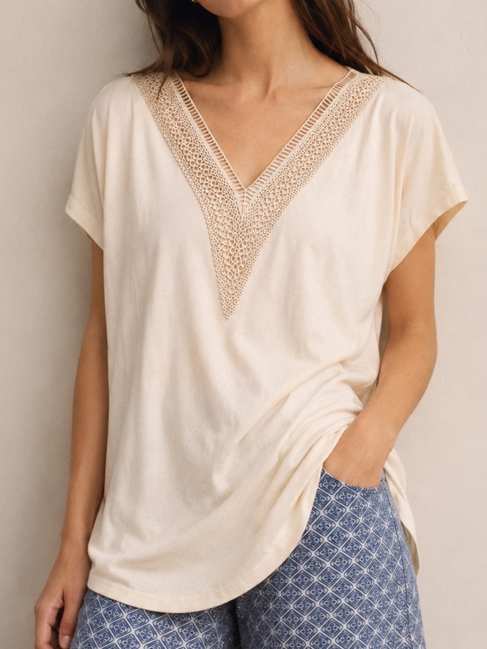 NWT Sampeel Cream Guipure Crochet V-Neck Cap sleeve, Semi-Batwing Blouse Large